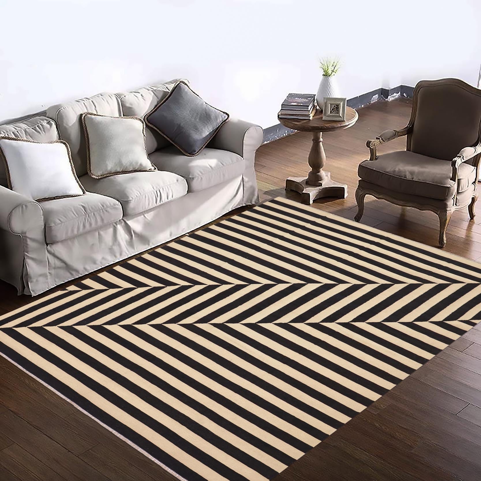 handmade Modern Kilim Beige Black Hand-Woven RECTANGLE 100% WOOL area rug 8' x 10'