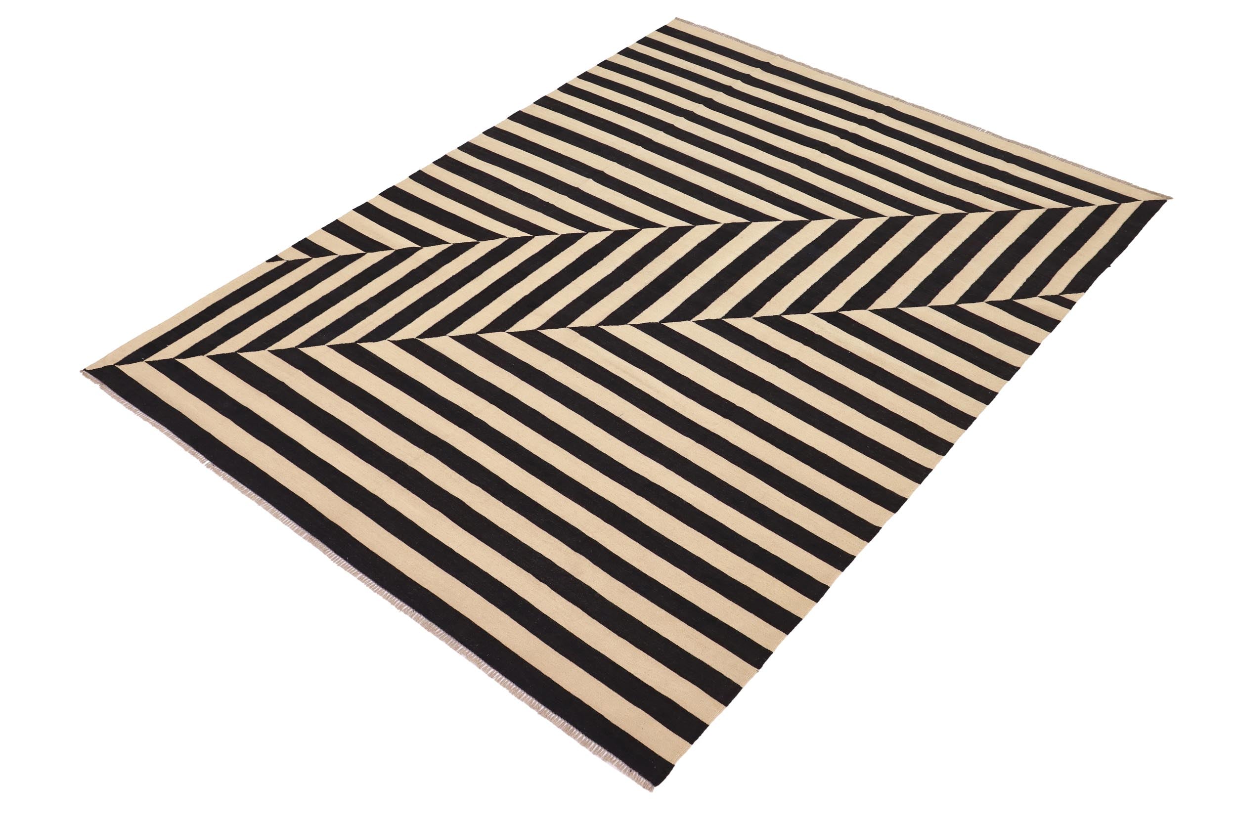 handmade Modern Kilim Beige Black Hand-Woven RECTANGLE 100% WOOL area rug 8' x 10'