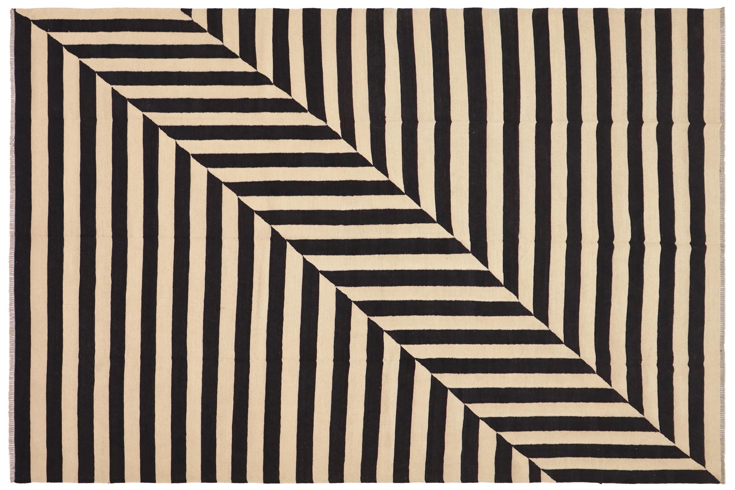 handmade Modern Kilim Beige Black Hand-Woven RECTANGLE 100% WOOL area rug 8' x 10'