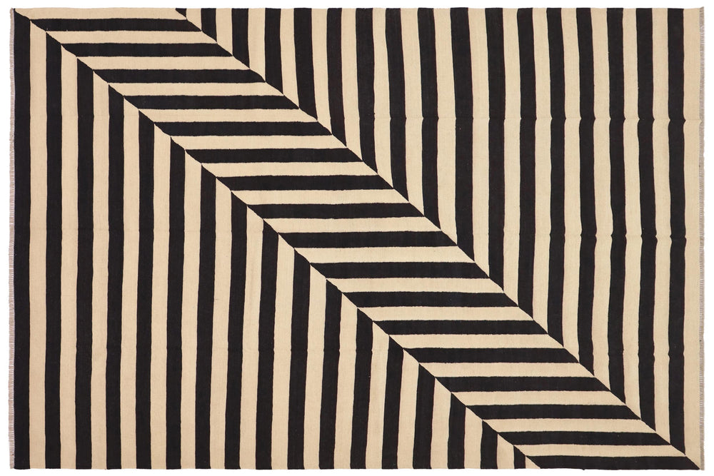 handmade Modern Kilim Beige Black Hand-Woven RECTANGLE 100% WOOL area rug 8' x 10'