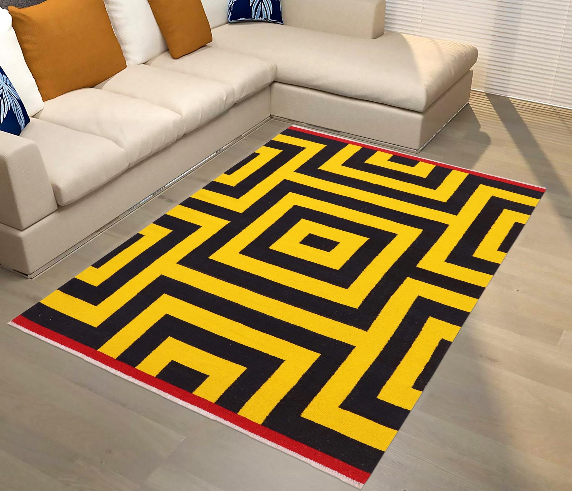 handmade Modern Kilim Gold Black Hand-Woven RECTANGLE 100% WOOL area rug 6' x 8'