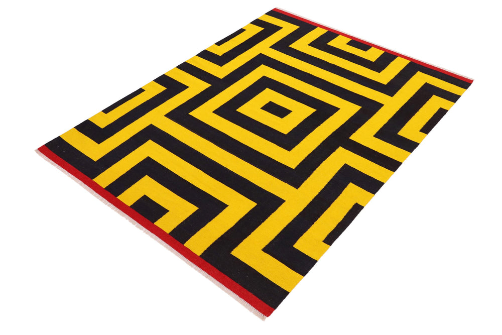 handmade Modern Kilim Gold Black Hand-Woven RECTANGLE 100% WOOL area rug 6' x 8'