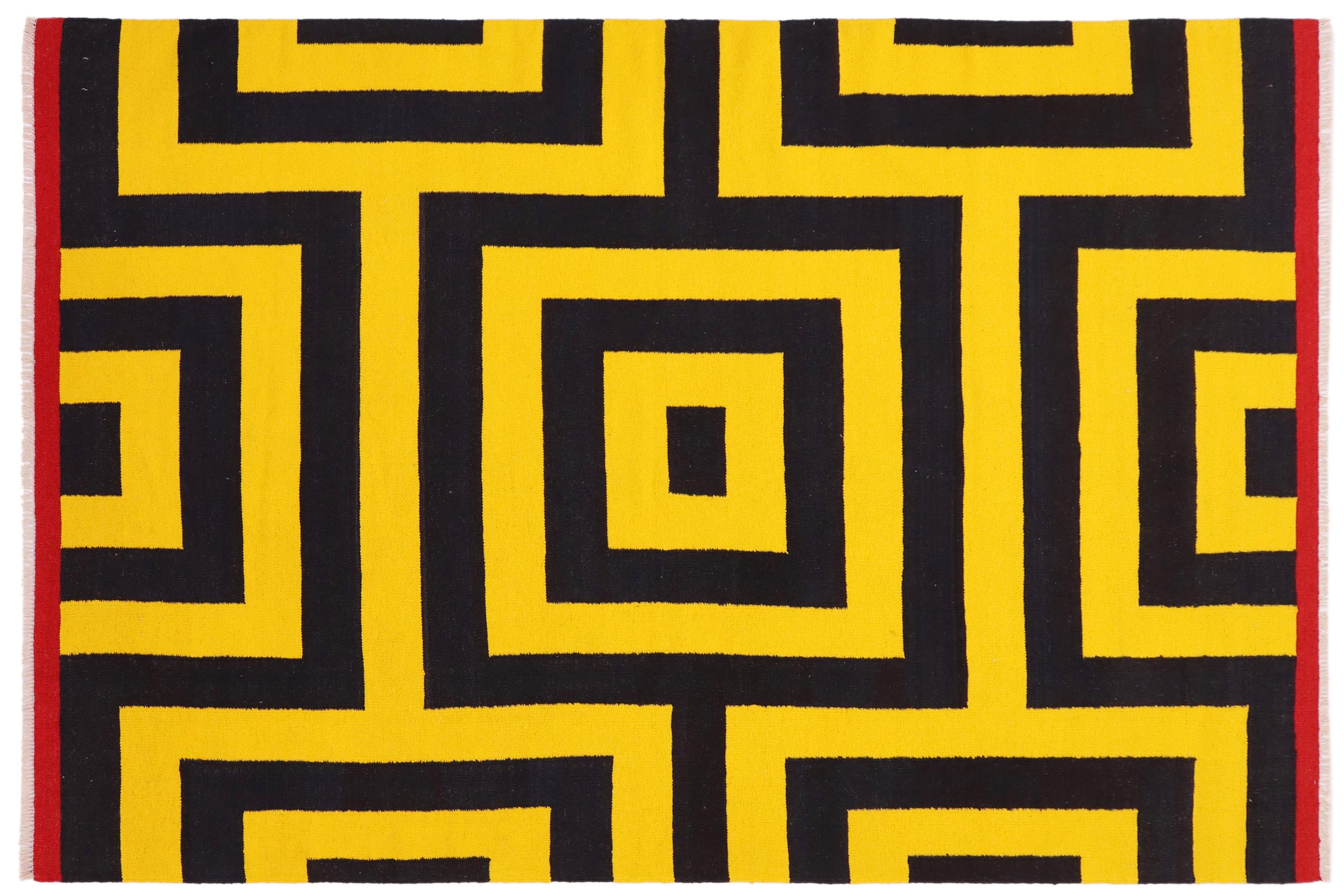 handmade Modern Kilim Gold Black Hand-Woven RECTANGLE 100% WOOL area rug 6' x 8'