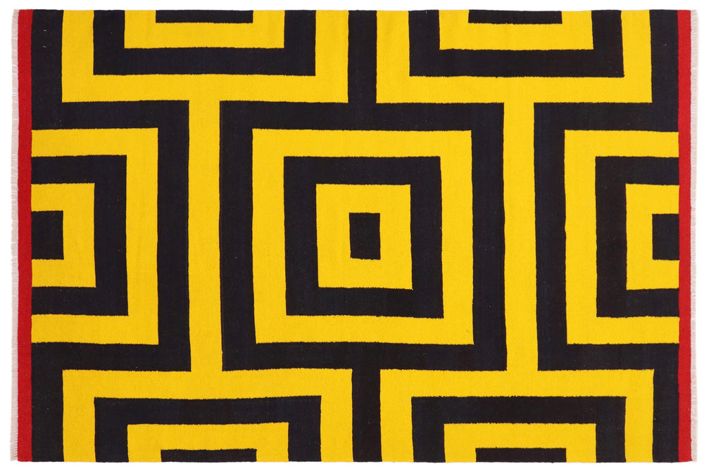 handmade Modern Kilim Gold Black Hand-Woven RECTANGLE 100% WOOL area rug 6' x 8'
