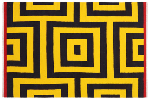 handmade Modern Kilim Gold Black Hand-Woven RECTANGLE 100% WOOL area rug 6' x 8'