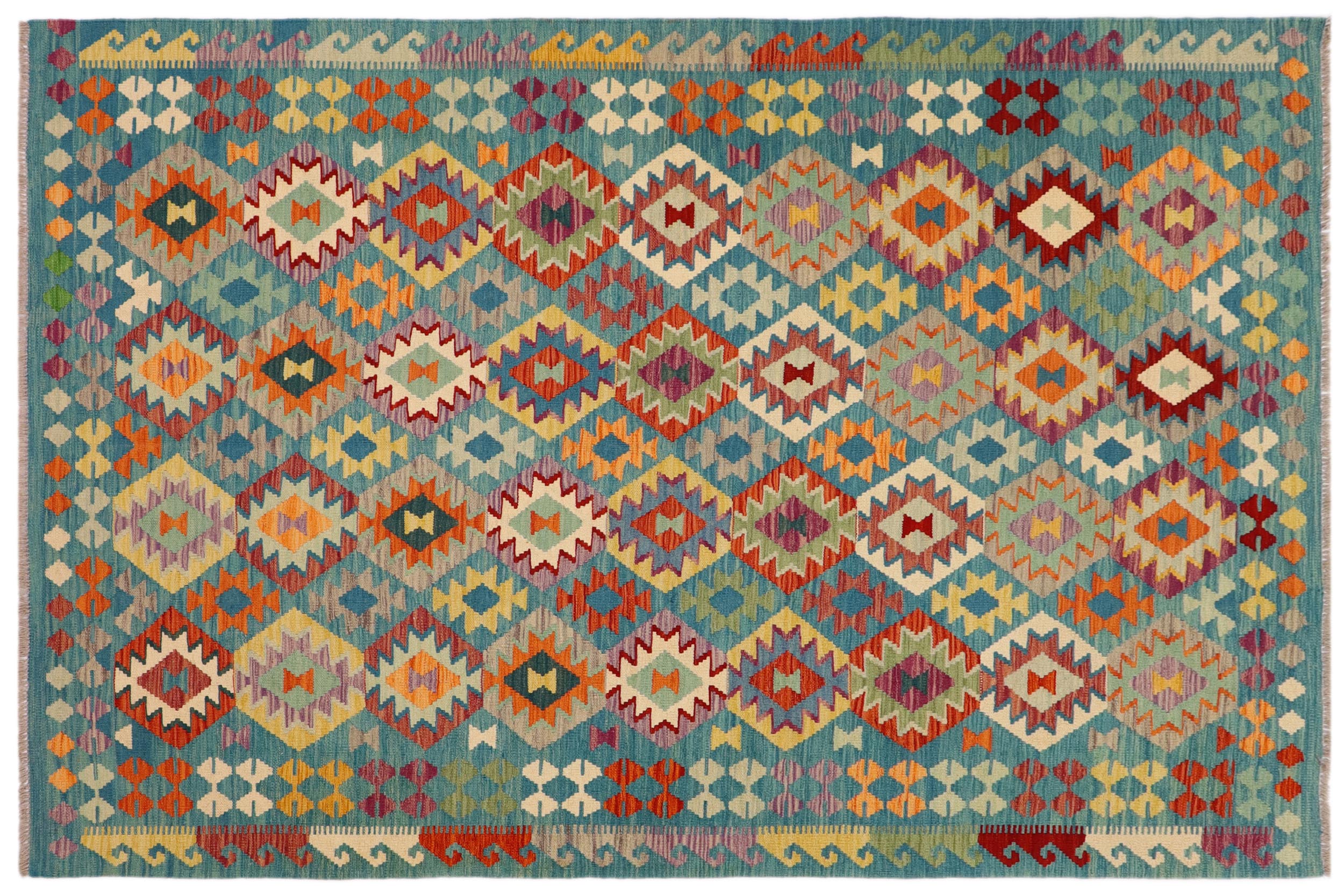 handmade Geometric Kilim Blue Rust Hand-Woven RECTANGLE 100% WOOL area rug 6 x 8