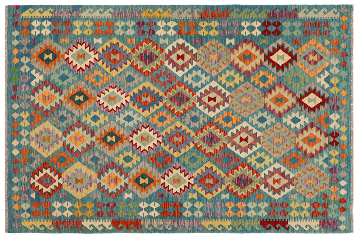 6x8 hand woven Turkish Kilim wool rug in blue and rust - Rustic Luciano Turkish