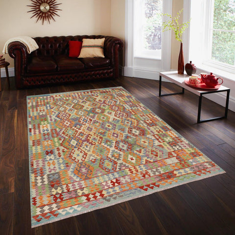 handmade Geometric Kilim Rust Blue Hand-Woven RECTANGLE 100% WOOL area rug 8 x 10