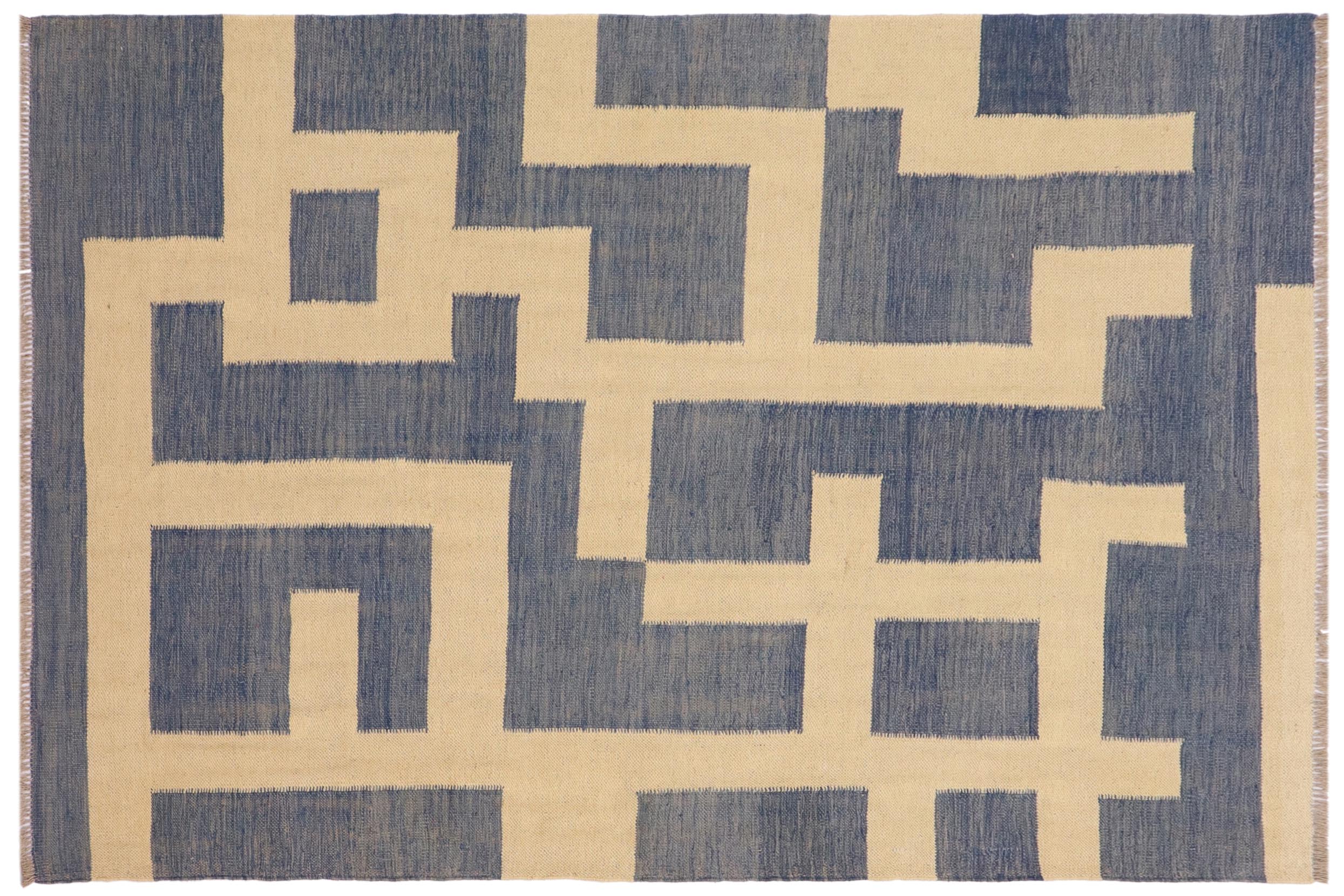 handmade Modern Kilim Blue Beige Hand-Woven RECTANGLE 100% WOOL area rug 5 x 6