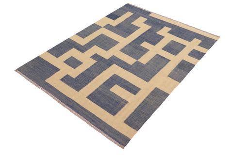 handmade Modern Kilim Blue Beige Hand-Woven RECTANGLE 100% WOOL area rug 5 x 6