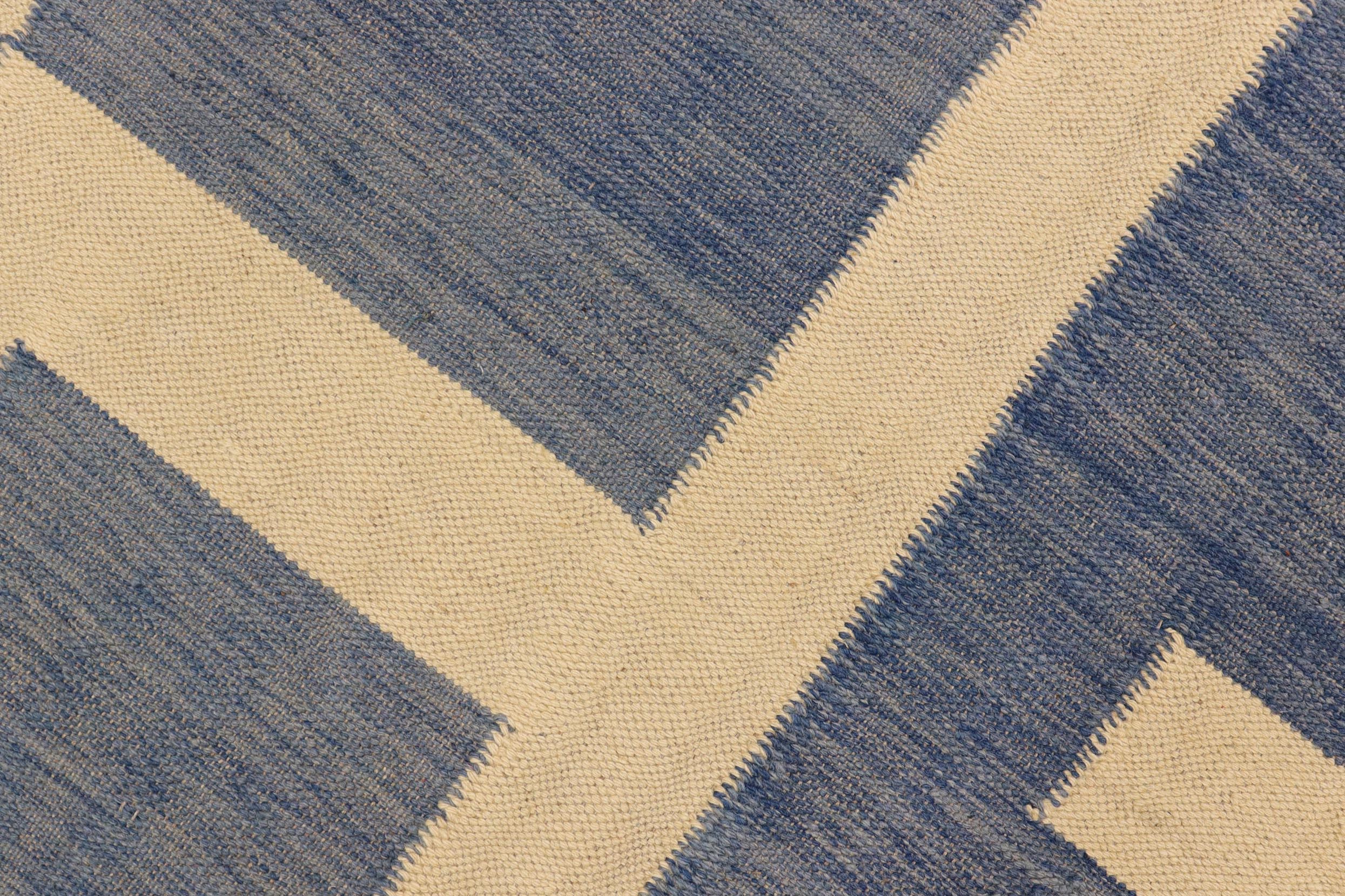 handmade Modern Kilim Blue Beige Hand-Woven RECTANGLE 100% WOOL area rug 5 x 6