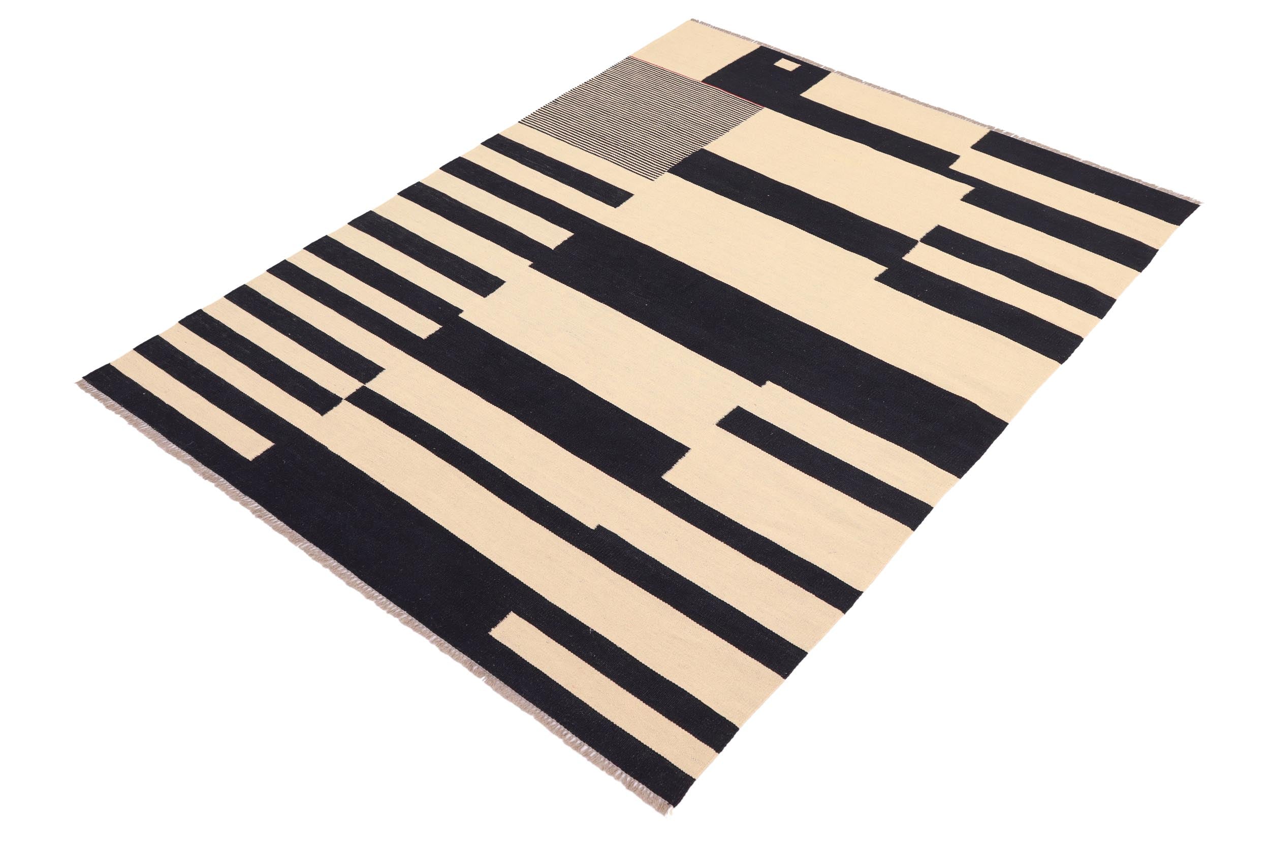 handmade Modern Kilim Beige Black Hand-Woven RECTANGLE 100% WOOL area rug 5' x 8'