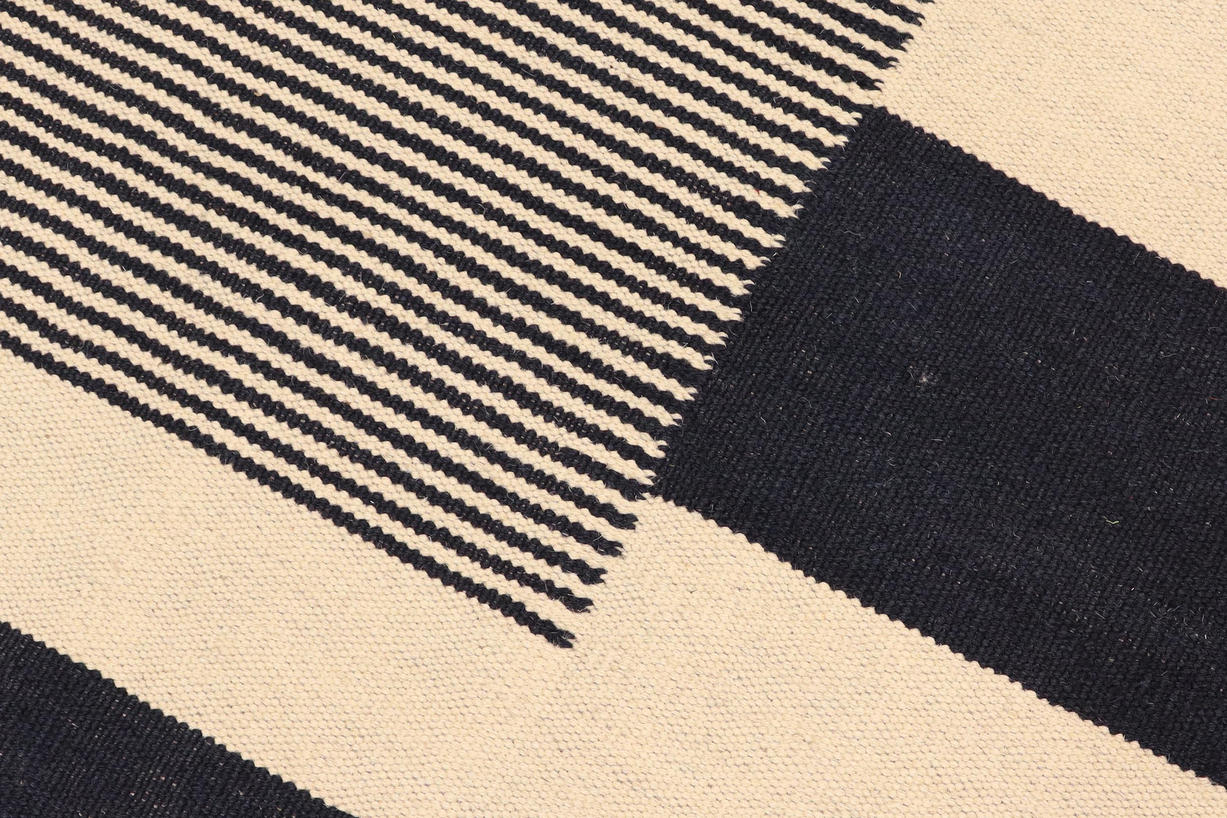 handmade Modern Kilim Beige Black Hand-Woven RECTANGLE 100% WOOL area rug 5' x 8'