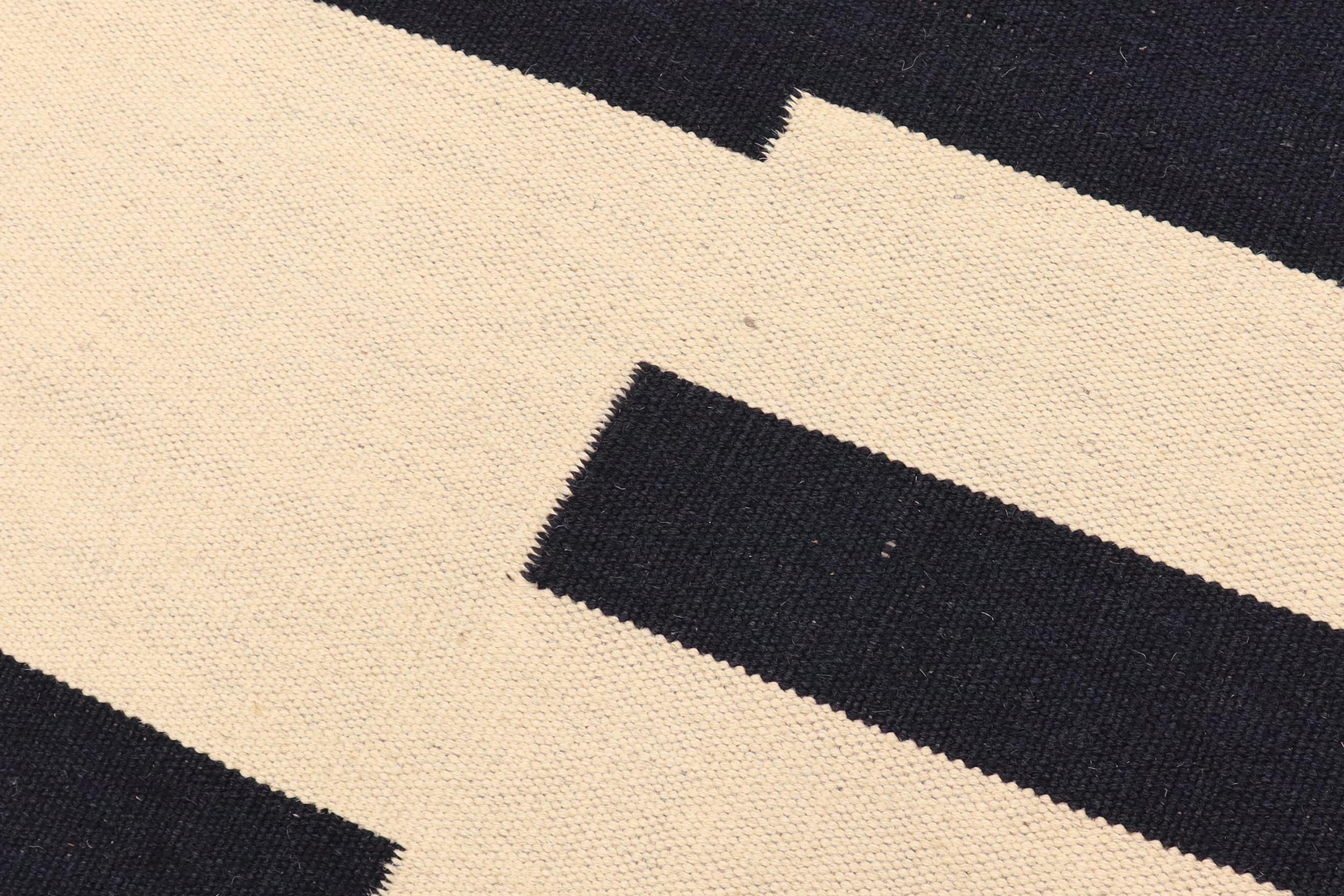 handmade Modern Kilim Beige Black Hand-Woven RECTANGLE 100% WOOL area rug 5' x 8'