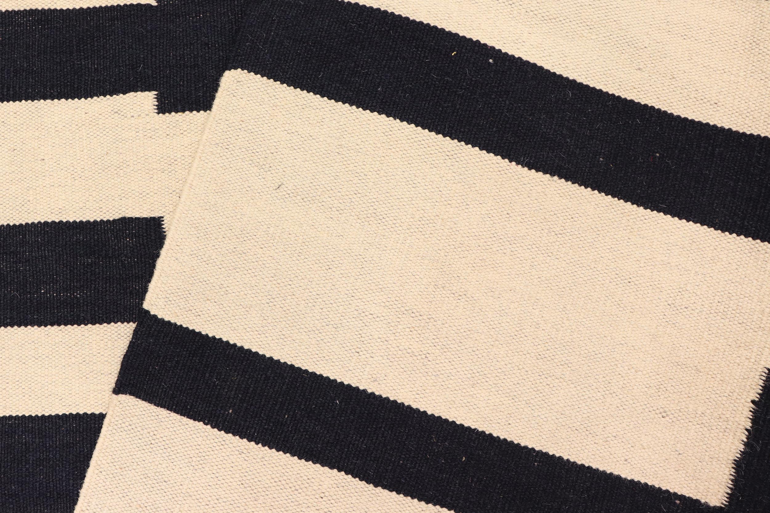 handmade Modern Kilim Beige Black Hand-Woven RECTANGLE 100% WOOL area rug 5' x 8'