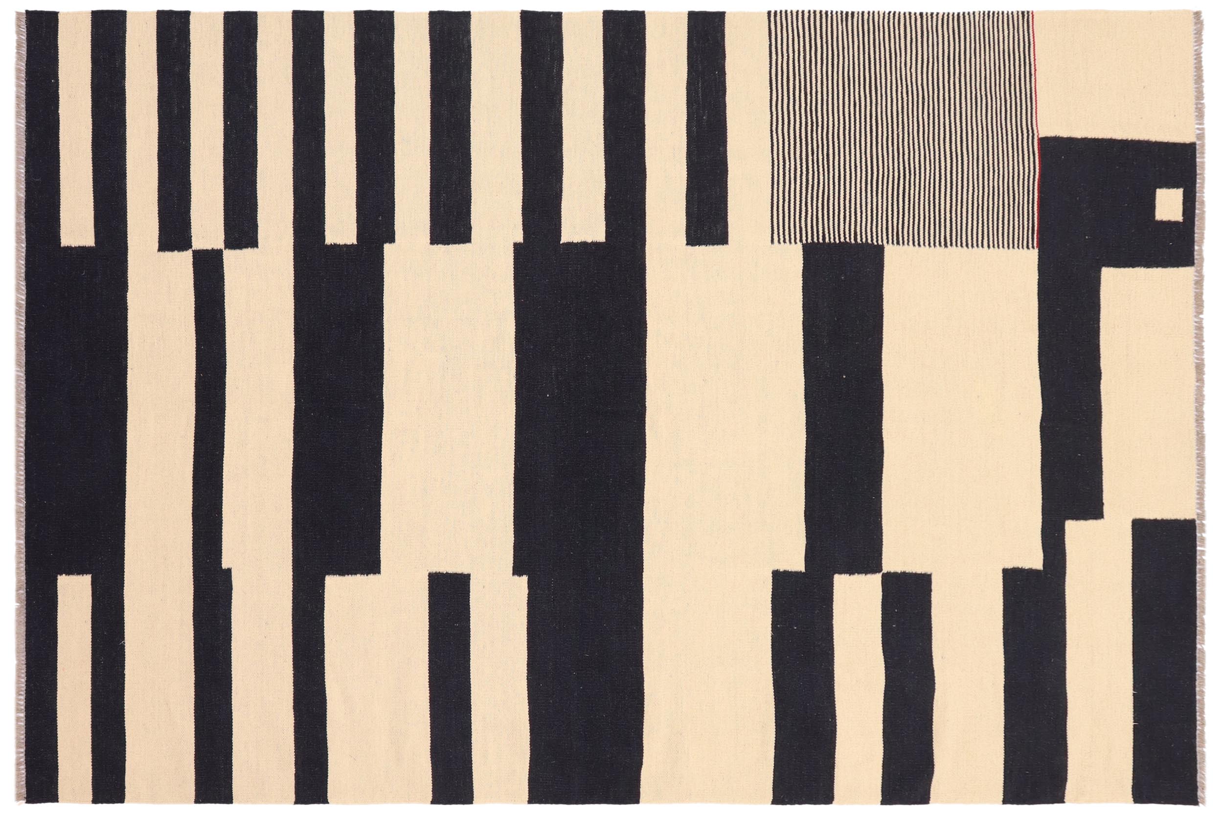 handmade Modern Kilim Beige Black Hand-Woven RECTANGLE 100% WOOL area rug 5' x 8'