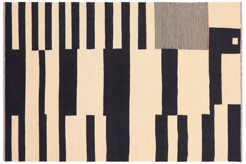 handmade Modern Kilim Beige Black Hand-Woven RECTANGLE 100% WOOL area rug 5' x 8'