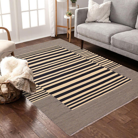 handmade Modern Kilim Beige Black Hand-Woven RECTANGLE 100% WOOL area rug 6' x 8'