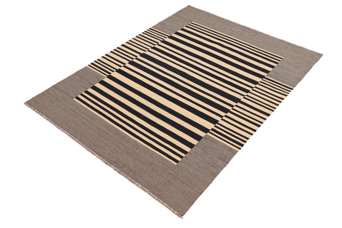 handmade Modern Kilim Beige Black Hand-Woven RECTANGLE 100% WOOL area rug 6' x 8'