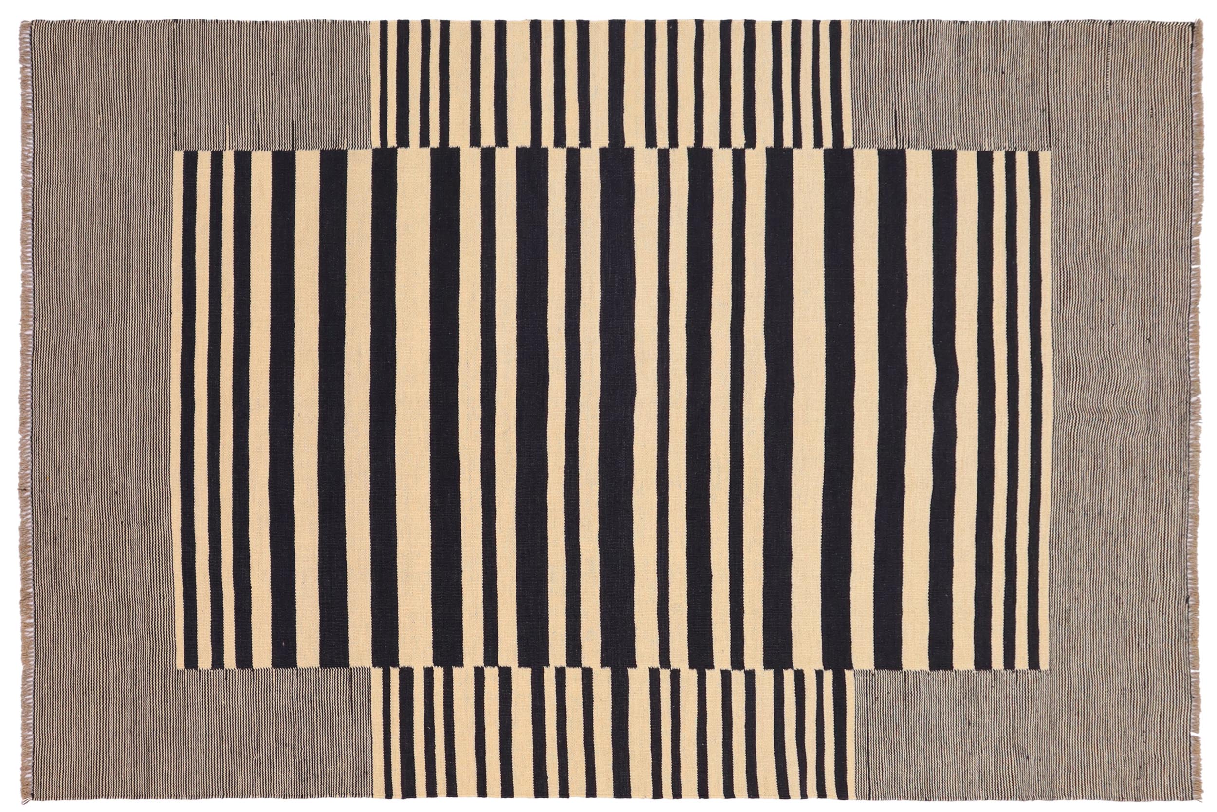 handmade Modern Kilim Beige Black Hand-Woven RECTANGLE 100% WOOL area rug 6' x 8'