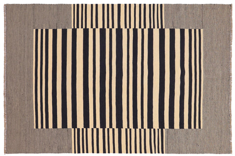 handmade Modern Kilim Beige Black Hand-Woven RECTANGLE 100% WOOL area rug 6' x 8'