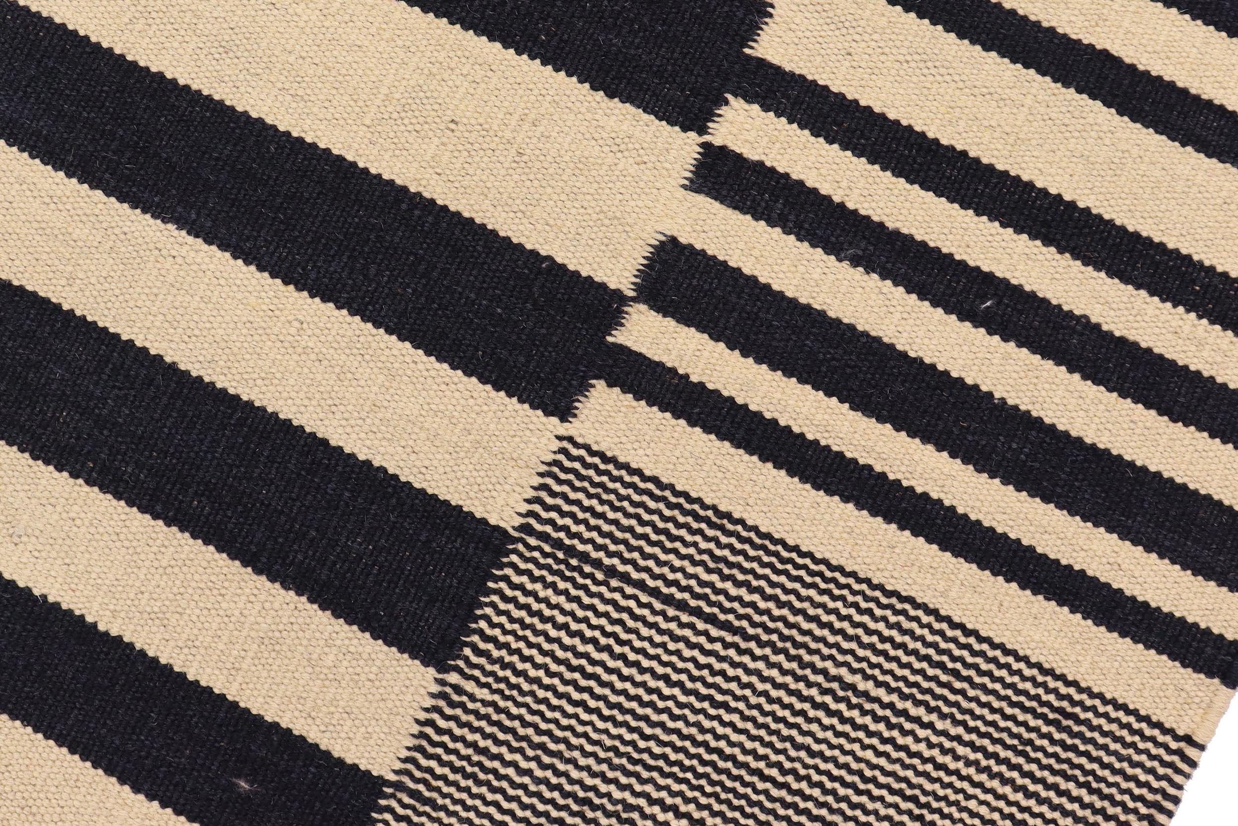 handmade Modern Kilim Beige Black Hand-Woven RECTANGLE 100% WOOL area rug 6' x 8'