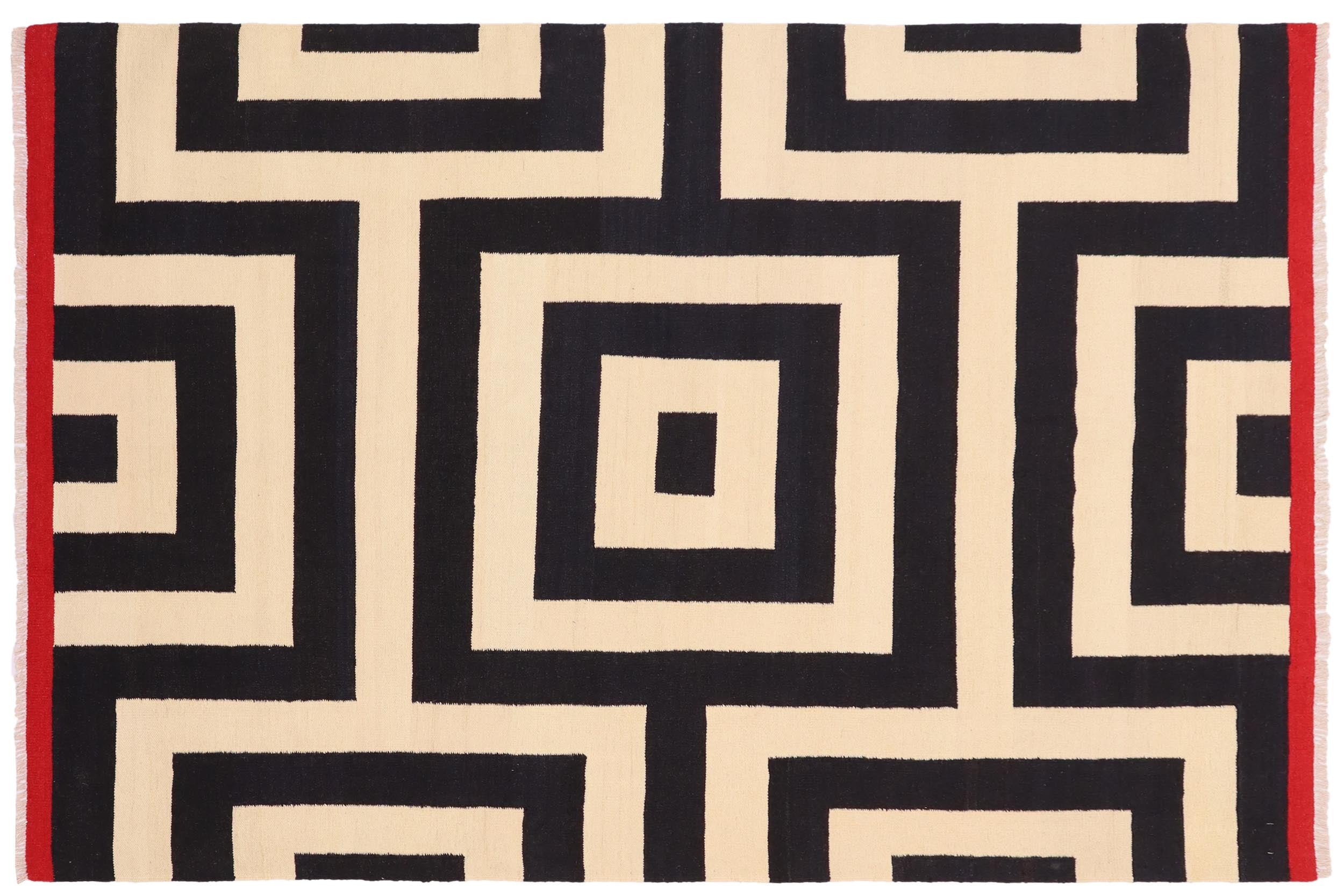 handmade Modern Kilim Beige Black Hand-Woven RECTANGLE 100% WOOL area rug 6x8