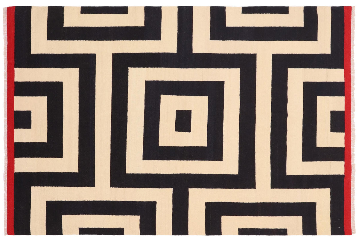 6x8 hand woven Turkish Modern Kilim wool rug in beige and black - Turkish Chevron Kathy