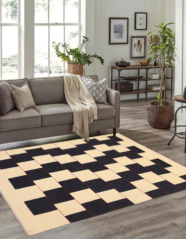 handmade Modern Kilim Beige Black Hand-Woven RECTANGLE 100% WOOL area rug 5' x 8'