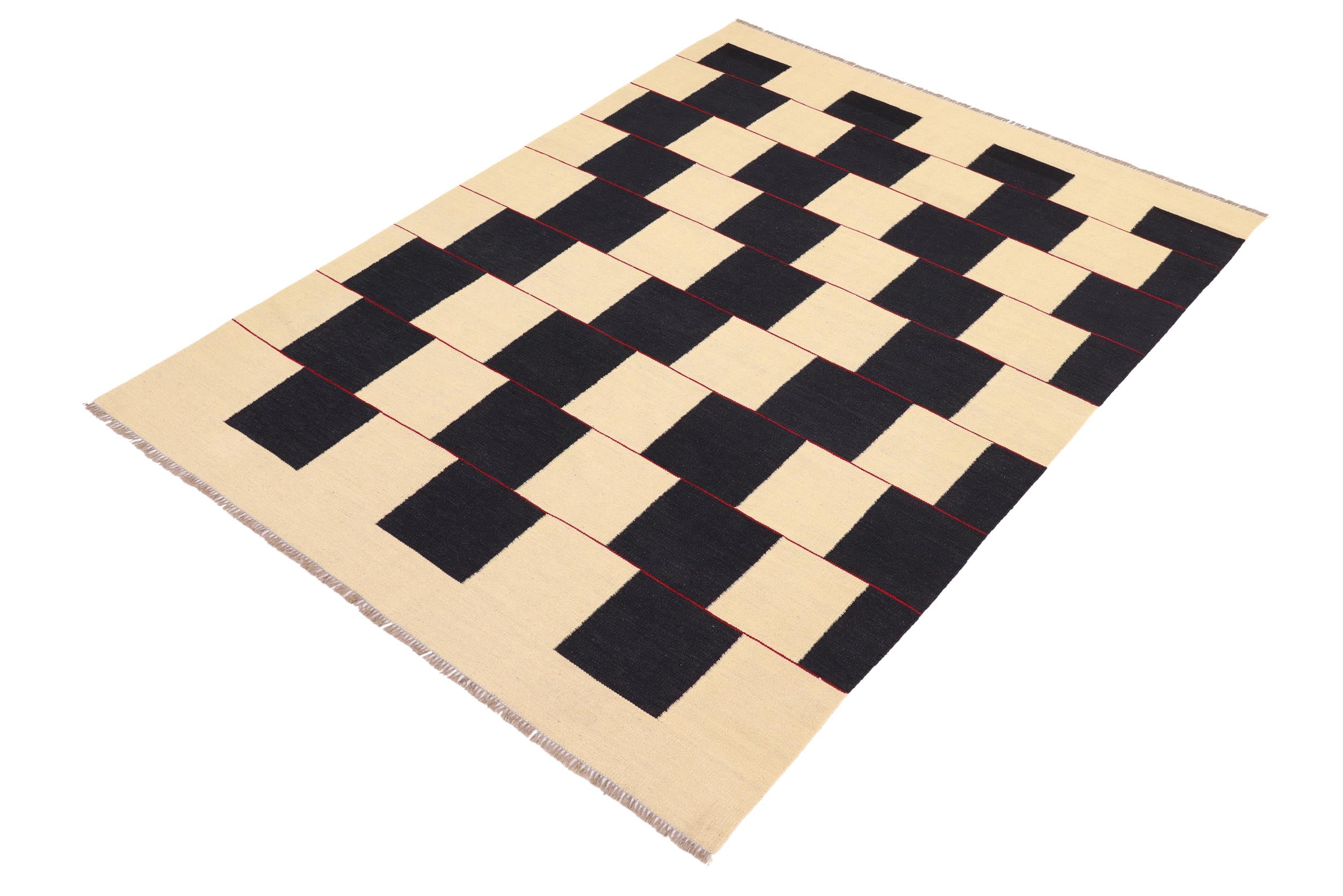 handmade Modern Kilim Beige Black Hand-Woven RECTANGLE 100% WOOL area rug 5' x 8'