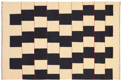 handmade Modern Kilim Beige Black Hand-Woven RECTANGLE 100% WOOL area rug 5' x 8'