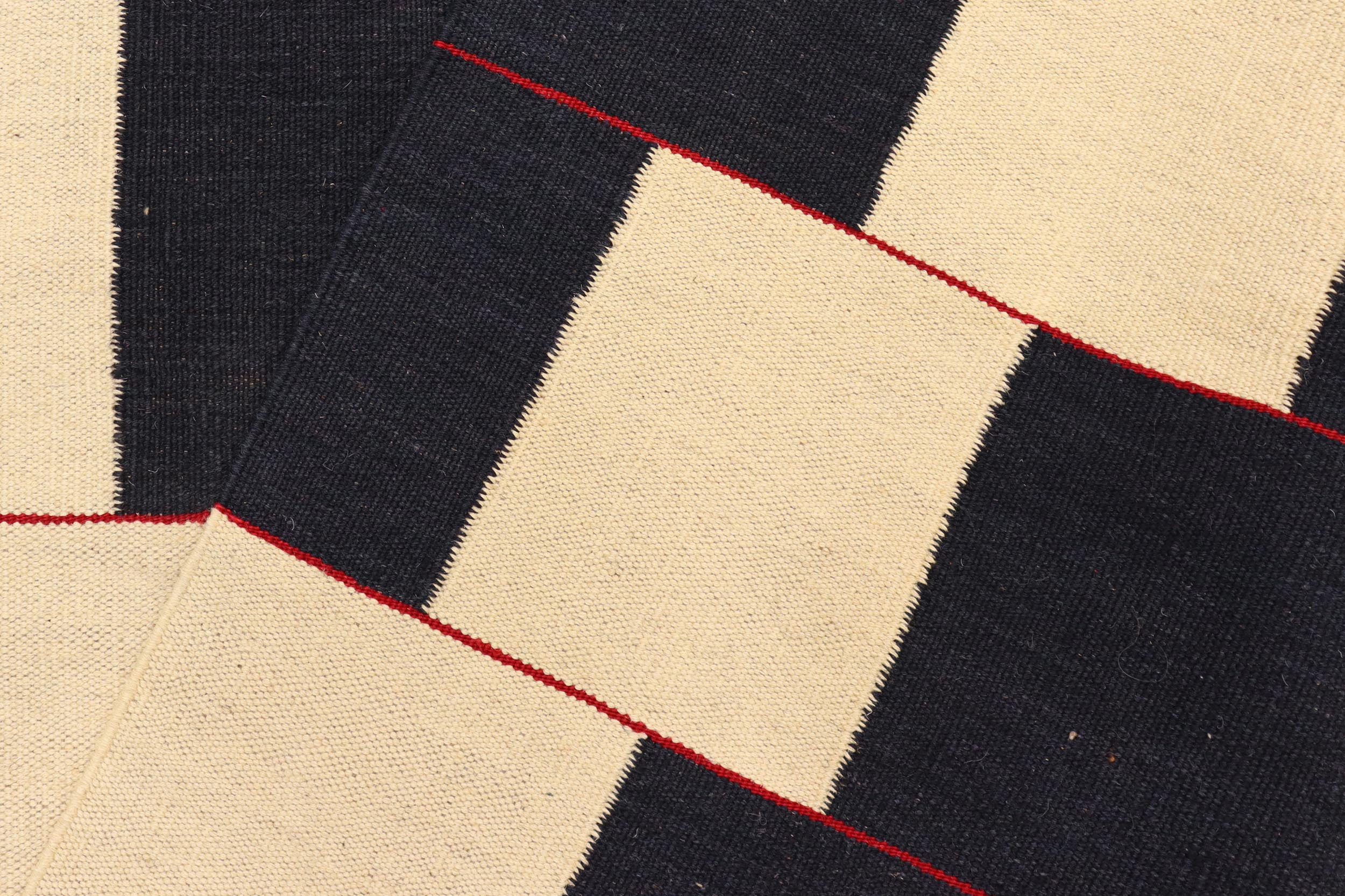 handmade Modern Kilim Beige Black Hand-Woven RECTANGLE 100% WOOL area rug 5' x 8'