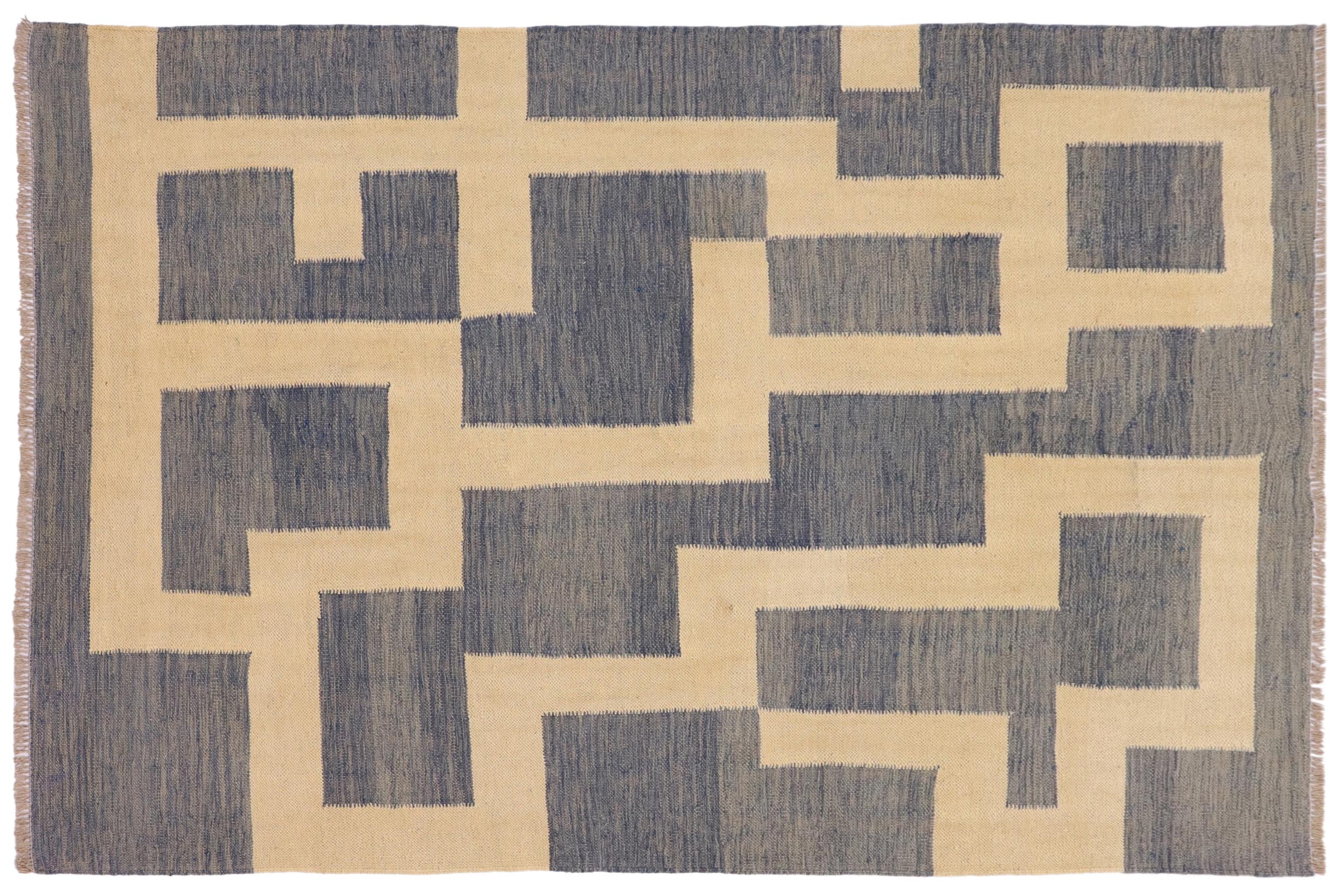 handmade Modern Kilim Blue Beige Hand-Woven RECTANGLE 100% WOOL area rug 5 x 6