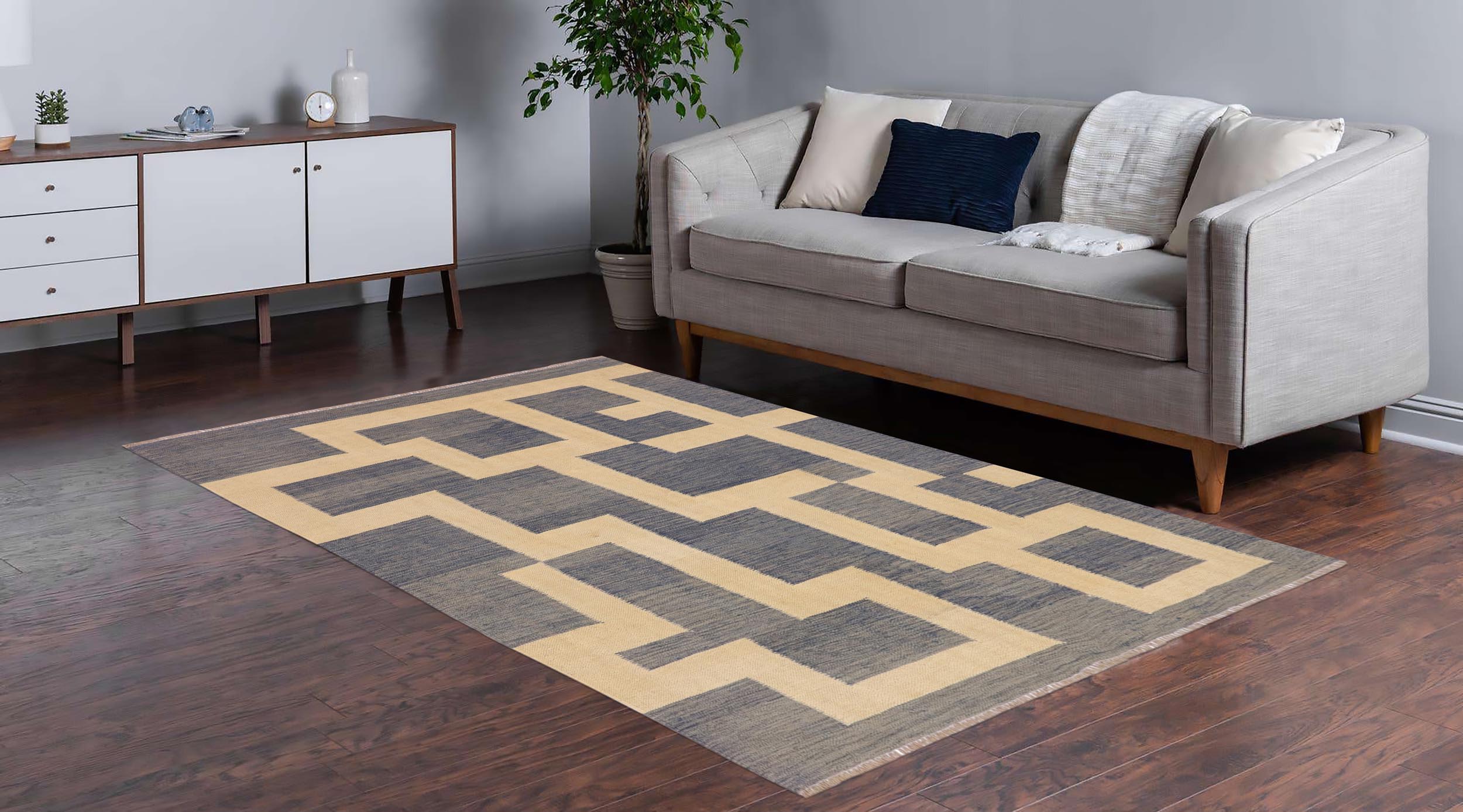 handmade Modern Kilim Blue Beige Hand-Woven RECTANGLE 100% WOOL area rug 5 x 6