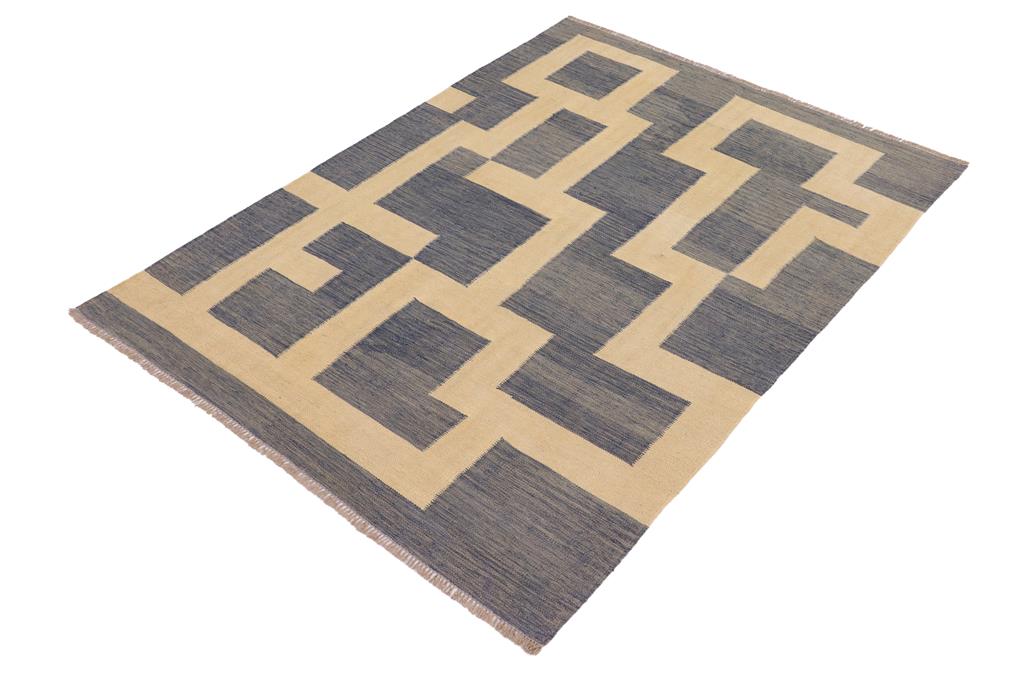 Flat Weave Kilim Antique Navaho Vintage handmade Modern Kilim Blue Beige Hand-Woven Rectangle 100% Wool Area Rug 5x6 