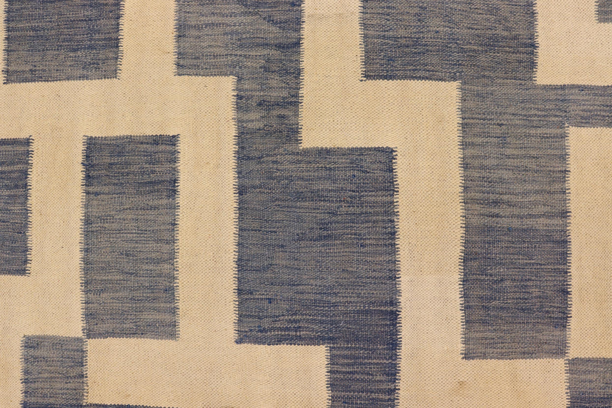handmade Modern Kilim Blue Beige Hand-Woven RECTANGLE 100% WOOL area rug 5 x 6