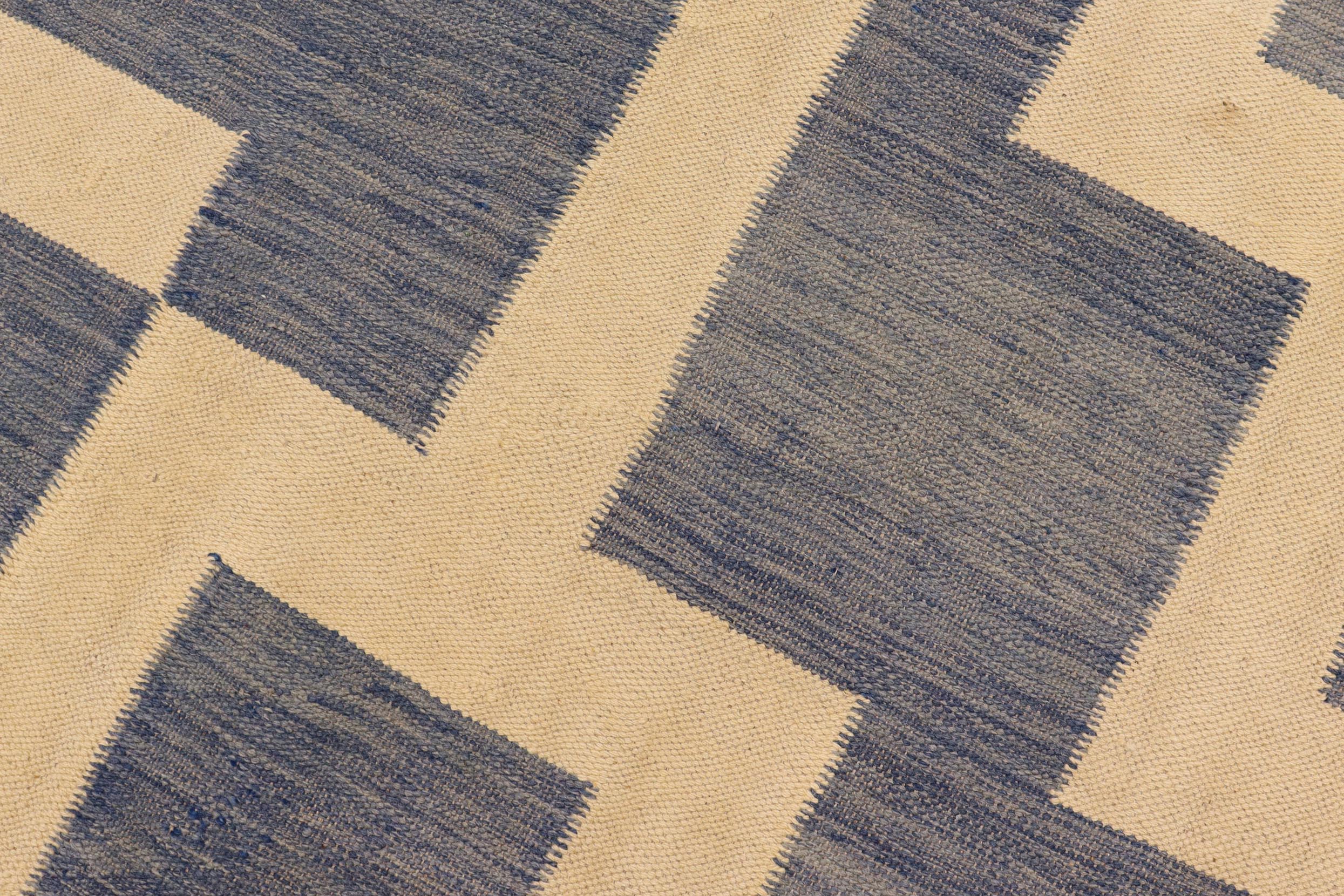 handmade Modern Kilim Blue Beige Hand-Woven RECTANGLE 100% WOOL area rug 5 x 6