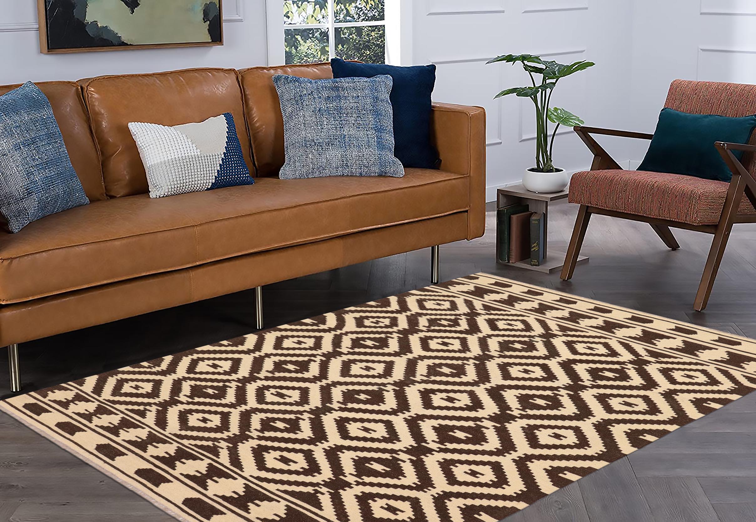 handmade Modern Kilim Beige Brown Hand-Woven RECTANGLE 100% WOOL area rug 5' x 7'