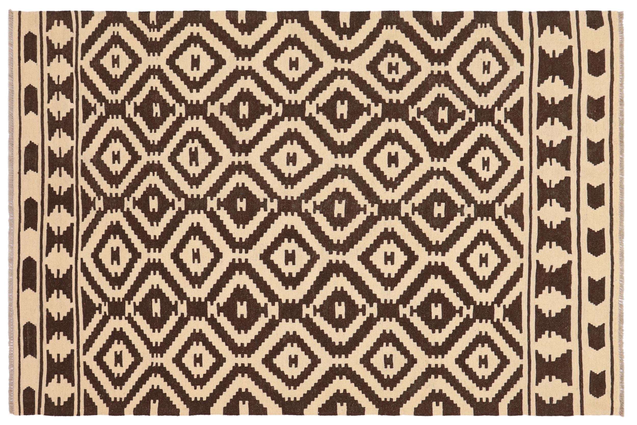 handmade Modern Kilim Beige Brown Hand-Woven RECTANGLE 100% WOOL area rug 5' x 7'