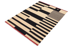 handmade Modern Kilim Beige Black Hand-Woven RECTANGLE 100% WOOL area rug 7' x 10'