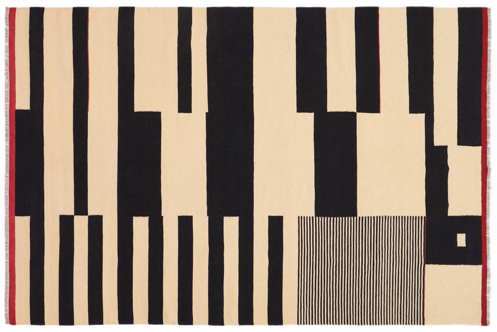 handmade Modern Kilim Beige Black Hand-Woven RECTANGLE 100% WOOL area rug 7' x 10'
