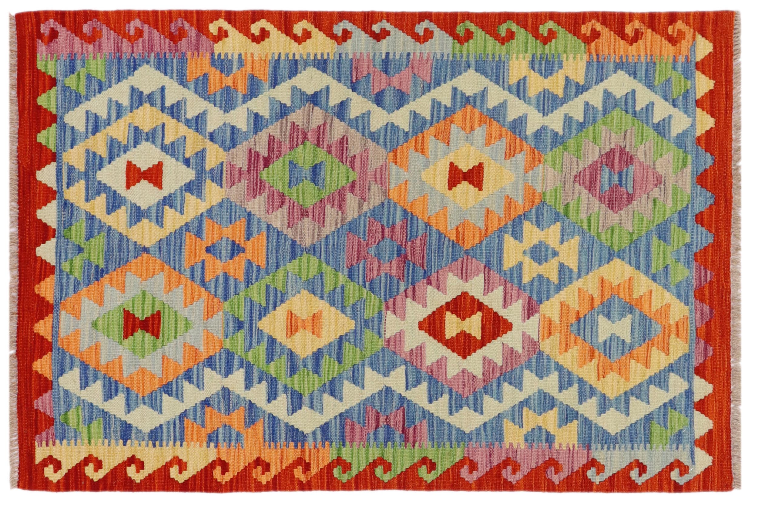 handmade Geometric Kilim Blue Rust Hand-Woven RECTANGLE 100% WOOL area rug 3 x 4