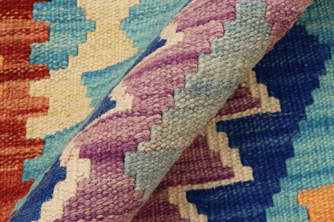 handmade Geometric Kilim Blue Rust Hand-Woven RUNNER 100% WOOL area rug 3' x 10'
