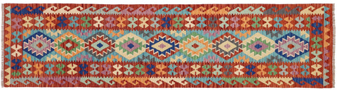 handmade Geometric Kilim Blue Rust Hand-Woven RUNNER 100% WOOL area rug 3' x 10'