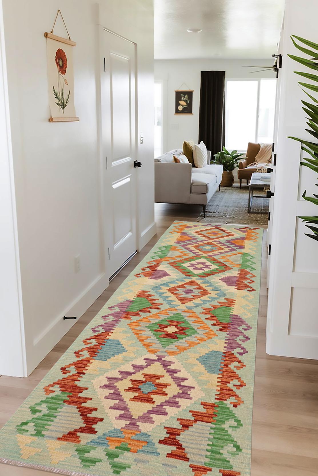 handmade Geometric Kilim Blue Rust Hand-Woven RUNNER 100% WOOL area rug 3' x 9'