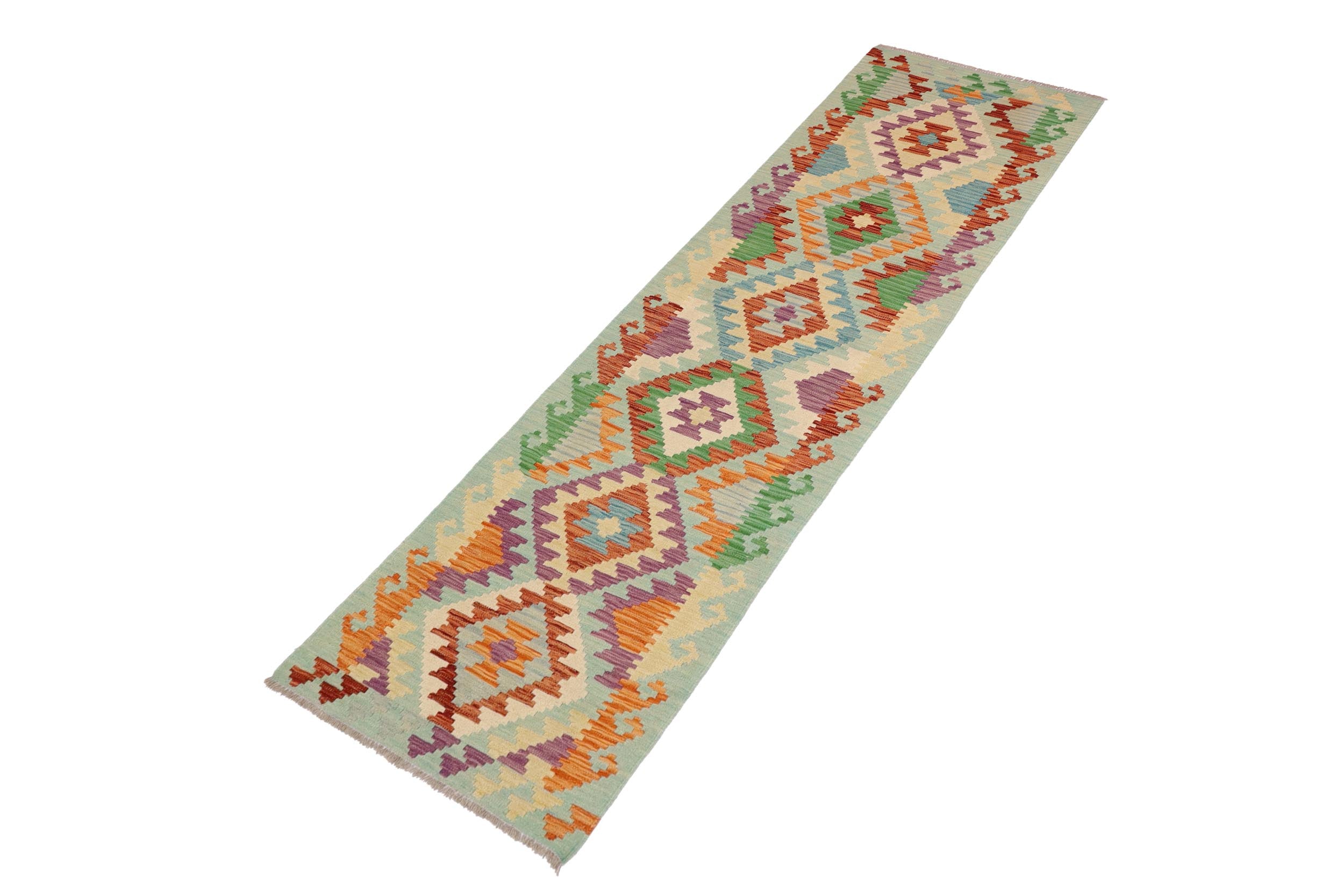 handmade Geometric Kilim Blue Rust Hand-Woven RUNNER 100% WOOL area rug 3' x 9'