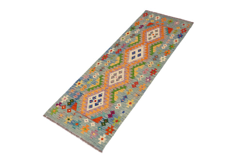 handmade Geometric Kilim Orange Blue Hand-Woven RUNNER 100% WOOL area rug 3' x 7'