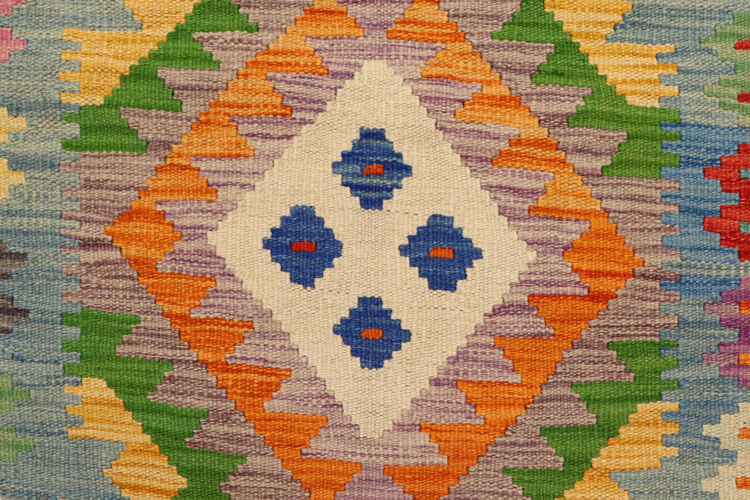 handmade Geometric Kilim Orange Blue Hand-Woven RUNNER 100% WOOL area rug 3' x 7'