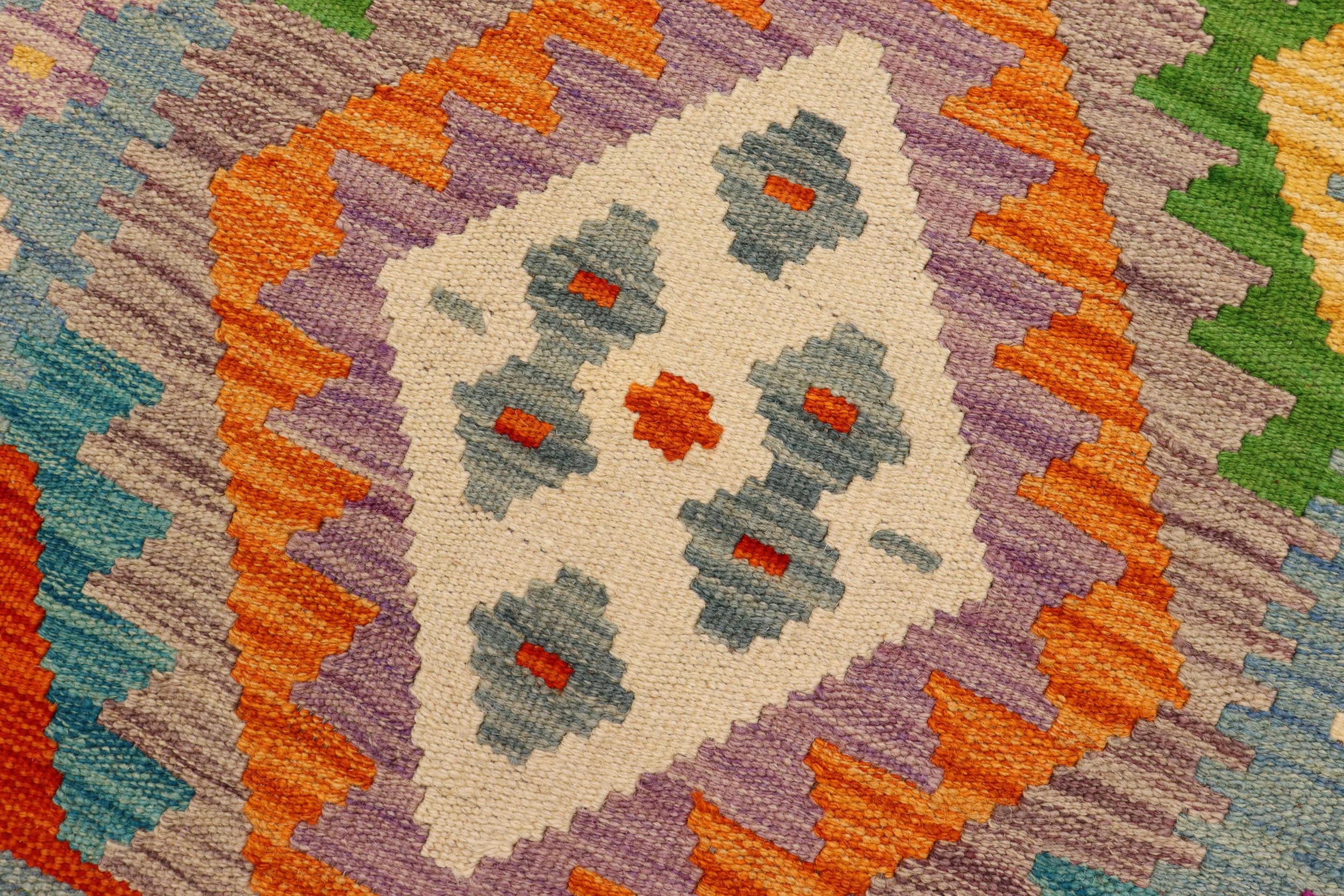 handmade Geometric Kilim Orange Blue Hand-Woven RUNNER 100% WOOL area rug 3' x 7'