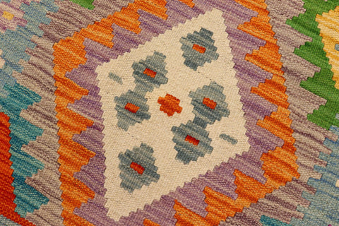 handmade Geometric Kilim Orange Blue Hand-Woven RUNNER 100% WOOL area rug 3' x 7'